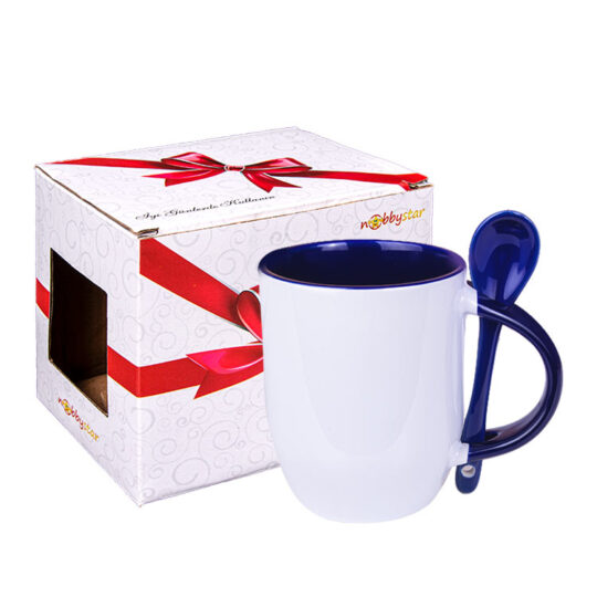 Aksu Sublimasyon İçi ve Kulpu Mavi Kaşıklı Porselen Kupa - Kutulu - UY9A | Hep Lazer Kırklareli Promosyon